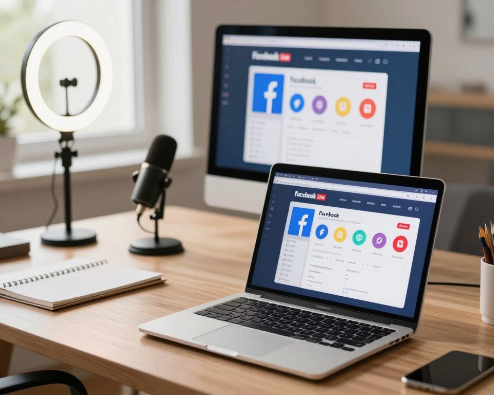 A modern workspace showcasing "Facebook Live" settings on a computer screen. In the foreground, a sleek laptop displays an open Facebook Live interface with vibrant, colorful icons representing various settings and options. The middle layer features a tidy desk with a microphone, a ring light, and a notepad, suggesting preparation for a live broadcast. The background includes a soft-focus blurred window with natural light streaming in, casting warm tones throughout the scene. The overall mood is professional yet inviting, emphasizing creativity and engagement. The image should have a clean, well-lit appearance, resembling a high-quality photograph taken with a 50mm lens at a slight angle to enhance depth.