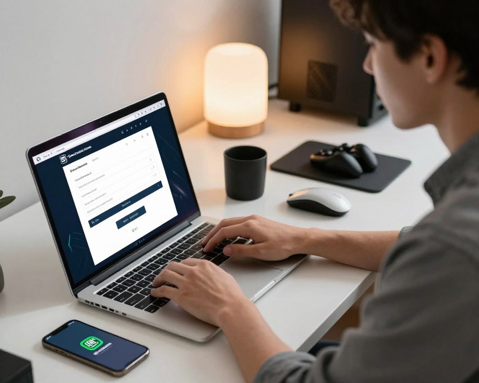 A modern workspace showcasing the process of creating an Epic Games account. In the foreground, a sleek laptop displays the Epic Games registration page, with fields for username and password clearly visible. Beside the laptop, a smartphone shows the Epic Games logo. In the middle, a focused individual dressed in smart casual attire is typing on the laptop, with a look of concentration on their face. The background features a tidy desk with gaming accessories and a soft glowing lamp, creating a warm and inviting atmosphere. The lighting is bright and soft, emphasizing a productive mood. Capture this scene from a slightly elevated angle to create depth and interest.