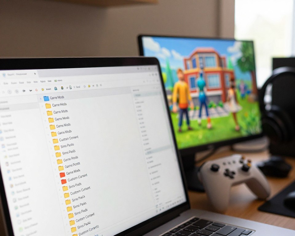 A neatly organized folder structure on a computer screen displaying mod files for The Sims 4, showcasing various modifications organized logically. Foreground features a close-up view of a well-ordered directory tree, with folders labeled as "Game Mods," "Custom Content," and "Sims Packs" in vibrant colors. The middle ground presents a blurred yet colorful display of Sims characters and buildings, hinting at the game. In the background, a soft-focus desktop setting includes gaming accessories like a controller and headphones. Natural lighting from a nearby window creates a warm, inviting atmosphere, enhancing the mood of organization and creativity. The image is captured at a slightly tilted angle to add visual interest, aiming for a professional and clean aesthetic. A neatly organized folder structure on a computer screen displaying mod files for The Sims 4, showcasing various modifications organized logically. Foreground features a close-up view of a well-ordered directory tree, with folders labeled as "Game Mods," "Custom Content," and "Sims Packs" in vibrant colors. The middle ground presents a blurred yet colorful display of Sims characters and buildings, hinting at the game. In the background, a soft-focus desktop setting includes gaming accessories like a controller and headphones. Natural lighting from a nearby window creates a warm, inviting atmosphere, enhancing the mood of organization and creativity. The image is captured at a slightly tilted angle to add visual interest, aiming for a professional and clean aesthetic.
