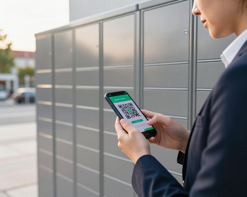 A person in professional attire standing in front of a modern InPost parcel locker, scanning a QR code with a smartphone. The foreground features the vibrant screen of the smartphone displaying the QR code, while the person focuses intently on the task. In the middle ground, the sleek, metallic parcel locker towers, showcasing its numerous compartments. The background features a bright, well-lit urban environment with soft morning light illuminating the scene, creating a sense of clarity and efficiency. The overall atmosphere conveys a seamless, user-friendly experience, encapsulating the convenience of technology in everyday life. The angle is slightly tilted, emphasizing both the smartphone and the package locker, showcasing their interaction. A person in professional attire standing in front of a modern InPost parcel locker, scanning a QR code with a smartphone. The foreground features the vibrant screen of the smartphone displaying the QR code, while the person focuses intently on the task. In the middle ground, the sleek, metallic parcel locker towers, showcasing its numerous compartments. The background features a bright, well-lit urban environment with soft morning light illuminating the scene, creating a sense of clarity and efficiency. The overall atmosphere conveys a seamless, user-friendly experience, encapsulating the convenience of technology in everyday life. The angle is slightly tilted, emphasizing both the smartphone and the package locker, showcasing their interaction.