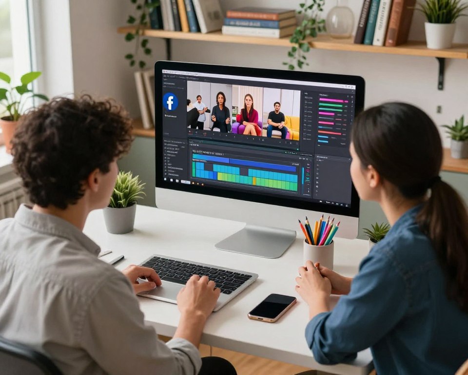 A professional content creator in a modern workspace, focused on creating engaging Facebook Reels. In the foreground, the creator is sitting at a stylish desk equipped with a laptop, smartphone, and colorful stationery, dressed in smart casual attire. The middle ground features a large monitor displaying a Facebook interface with video editing tools open, showcasing vibrant clips of various content ideas. The background includes shelves filled with creative books and plants, hinting at a productive environment. Soft natural lighting streams through a nearby window, creating an inspiring and motivational atmosphere. The camera angle is slightly above eye level, giving a clear view of the creator’s focused expression and the workspace details, inviting viewers into the process of making engaging video content.