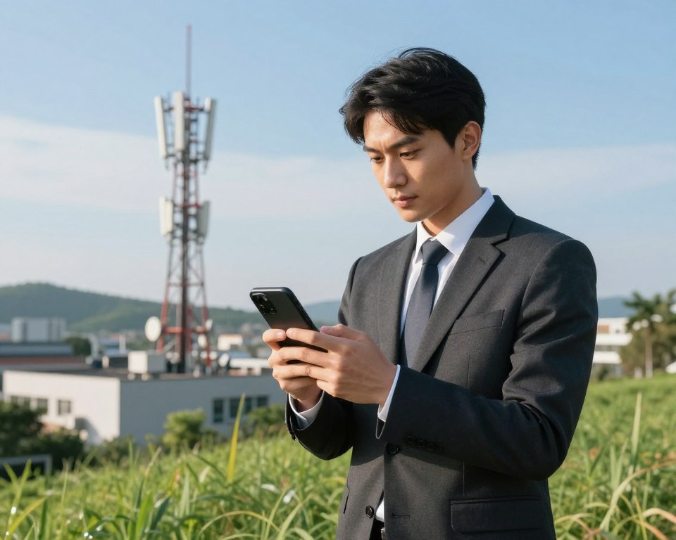 A professional in business attire standing outdoors, holding a smartphone and looking intently at the screen while checking mobile network coverage. In the foreground, the individual is engaged, with a focused expression, surrounded by green grass and urban elements. The middle ground features a variety of cell towers on nearby rooftops and hills, symbolizing connectivity. In the background, a clear blue sky with wispy clouds enhances the atmosphere of a sunny day, adding a sense of reliability and optimism. The lighting is bright yet soft, casting gentle shadows. The overall mood conveys a blend of determination and curiosity, ideal for an article about checking mobile network range. A professional in business attire standing outdoors, holding a smartphone and looking intently at the screen while checking mobile network coverage. In the foreground, the individual is engaged, with a focused expression, surrounded by green grass and urban elements. The middle ground features a variety of cell towers on nearby rooftops and hills, symbolizing connectivity. In the background, a clear blue sky with wispy clouds enhances the atmosphere of a sunny day, adding a sense of reliability and optimism. The lighting is bright yet soft, casting gentle shadows. The overall mood conveys a blend of determination and curiosity, ideal for an article about checking mobile network range.