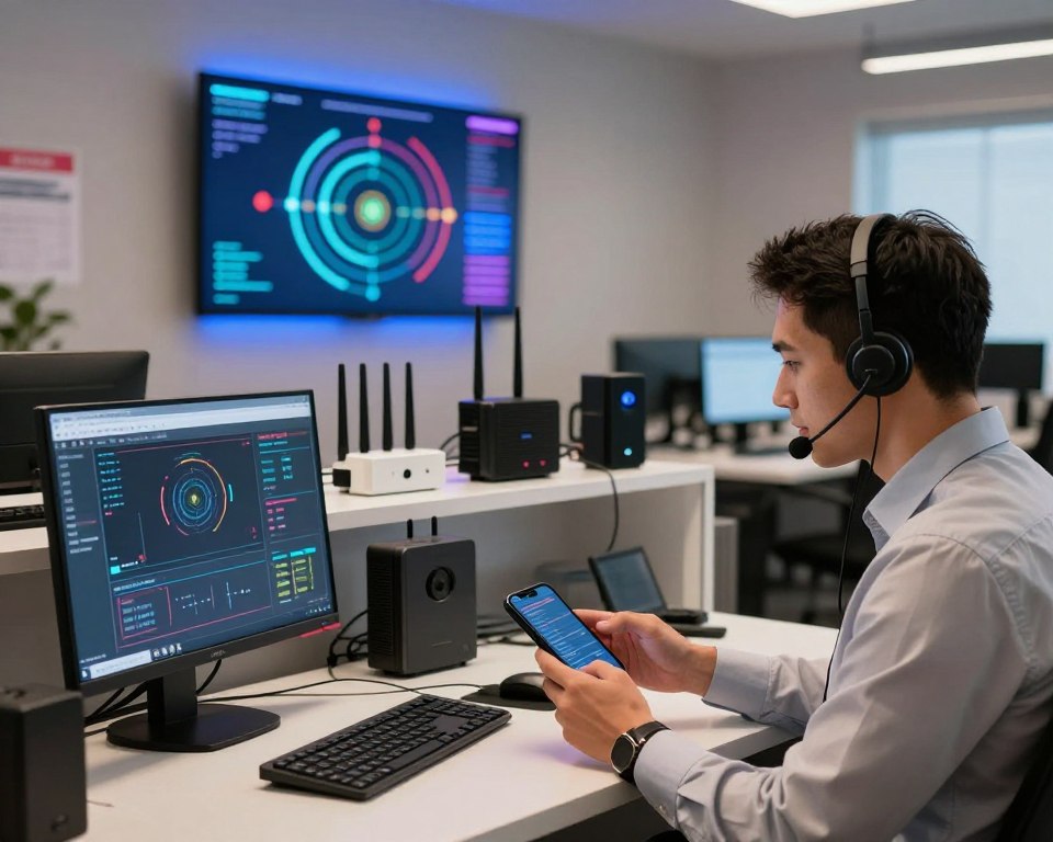 A professional technical support office for T-Mobile, showcasing a sleek, modern workspace. In the foreground, a focused technician in business attire is studying a smartphone, analyzing signal diagnostics on a computer. The middle layer features an array of high-tech gadgets, including routers and signal boosters, neatly arranged on a desk. In the background, a wall-mounted screen displays a colorful visual of signal strength and network connectivity, illuminated by soft blue lighting. The overall atmosphere is one of professionalism and efficiency, evoking a sense of trust and expertise in telecommunications solutions. The scene is well-lit with warm lighting for a welcoming feel, captured from a slight angle that highlights the dynamic work environment. A professional technical support office for T-Mobile, showcasing a sleek, modern workspace. In the foreground, a focused technician in business attire is studying a smartphone, analyzing signal diagnostics on a computer. The middle layer features an array of high-tech gadgets, including routers and signal boosters, neatly arranged on a desk. In the background, a wall-mounted screen displays a colorful visual of signal strength and network connectivity, illuminated by soft blue lighting. The overall atmosphere is one of professionalism and efficiency, evoking a sense of trust and expertise in telecommunications solutions. The scene is well-lit with warm lighting for a welcoming feel, captured from a slight angle that highlights the dynamic work environment.