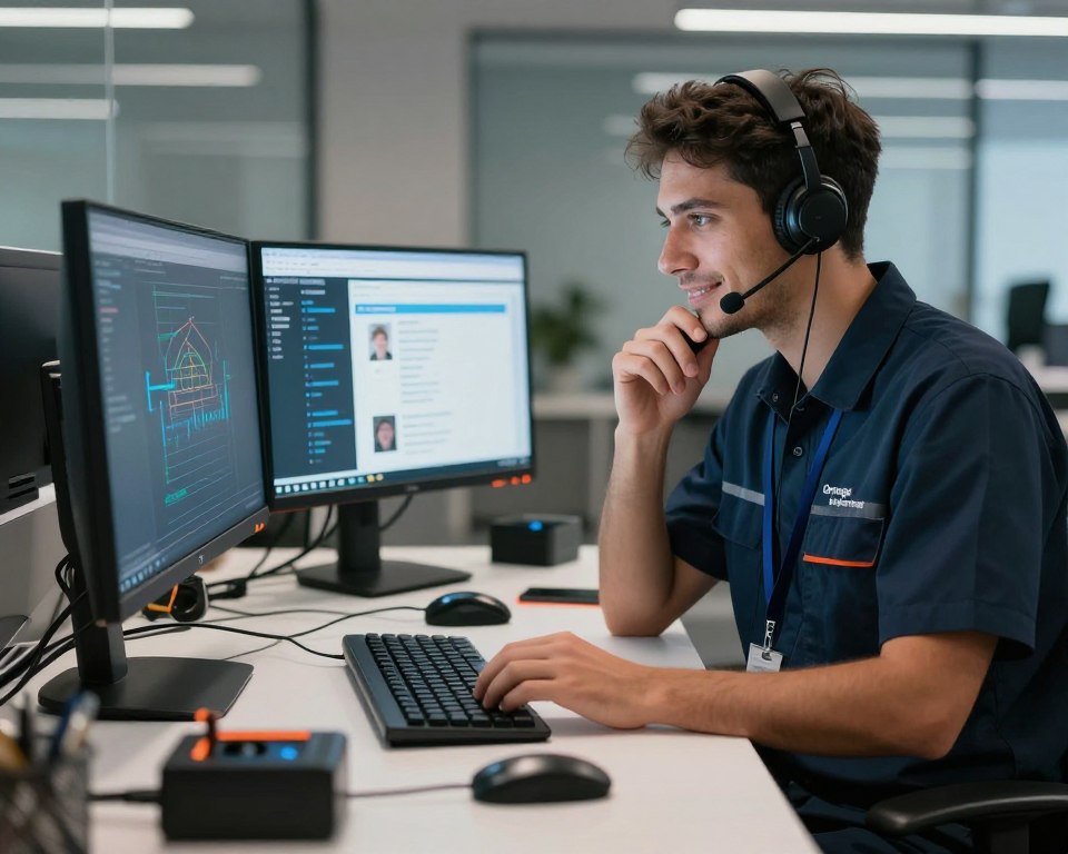 A professional technical support scene for Orange telecom services, featuring a friendly technician in a smart uniform engaged with a modern computer. In the foreground, the technician is focused on troubleshooting a device, showing a thoughtful expression, with tools and diagnostic equipment scattered on the desk. The middle section features a sleek, well-organized workspace with multiple screens displaying network diagnostics and customer support chat interfaces. In the background, soft, ambient lighting illuminates a corporate office environment, emphasizing professionalism and modernity. The overall mood should convey reliability and efficiency, showcasing a supportive atmosphere dedicated to resolving connectivity issues. Capture this in a high-resolution format, using a slight angle to add depth to the scene. A professional technical support scene for Orange telecom services, featuring a friendly technician in a smart uniform engaged with a modern computer. In the foreground, the technician is focused on troubleshooting a device, showing a thoughtful expression, with tools and diagnostic equipment scattered on the desk. The middle section features a sleek, well-organized workspace with multiple screens displaying network diagnostics and customer support chat interfaces. In the background, soft, ambient lighting illuminates a corporate office environment, emphasizing professionalism and modernity. The overall mood should convey reliability and efficiency, showcasing a supportive atmosphere dedicated to resolving connectivity issues. Capture this in a high-resolution format, using a slight angle to add depth to the scene.