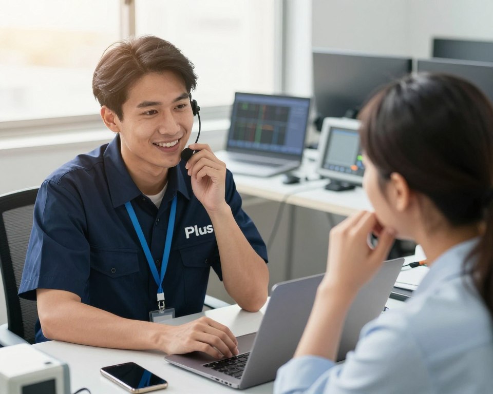 A professional technical support scene for a telecom company, featuring a friendly technician assisting a customer in an office setting. The foreground includes a well-dressed technician, wearing a uniform with the Plus logo, engaged in a thoughtful conversation with a customer who appears concerned about their connectivity issues. In the middle background, there are technical tools like laptops, smartphones, and diagnostic equipment scattered on a desk. Soft, natural lighting illuminates the space through a window, casting a warm glow. The atmosphere is calm and reassuring, highlighting the supportive nature of the service. The angle is slightly angled from above, capturing both the technician's expertise and the customer's attentiveness, creating an inviting and professional impression. A professional technical support scene for a telecom company, featuring a friendly technician assisting a customer in an office setting. The foreground includes a well-dressed technician, wearing a uniform with the Plus logo, engaged in a thoughtful conversation with a customer who appears concerned about their connectivity issues. In the middle background, there are technical tools like laptops, smartphones, and diagnostic equipment scattered on a desk. Soft, natural lighting illuminates the space through a window, casting a warm glow. The atmosphere is calm and reassuring, highlighting the supportive nature of the service. The angle is slightly angled from above, capturing both the technician's expertise and the customer's attentiveness, creating an inviting and professional impression.