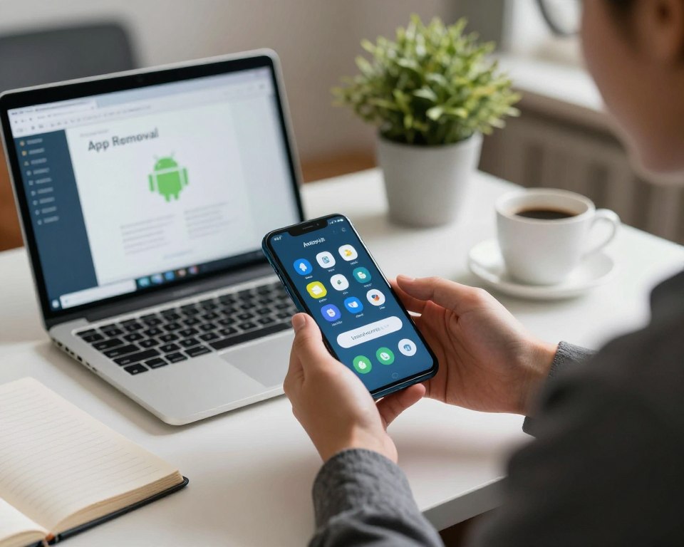 A professional workspace scene illustrating the concept of security during app removal on an Android device. In the foreground, a person dressed in smart casual attire is confidently holding a smartphone, actively engaged in the process of uninstalling an application. The middle layer features a well-organized desk with a laptop showing security software open, alongside a notebook and a cup of coffee, suggesting a productive environment. In the background, soft, ambient lighting enhances the tranquility and focus of the scene, with blurred plants and office decor adding subtle detail. The overall atmosphere should evoke a sense of safety and responsibility, highlighting the importance of secure practices when managing apps. A professional workspace scene illustrating the concept of security during app removal on an Android device. In the foreground, a person dressed in smart casual attire is confidently holding a smartphone, actively engaged in the process of uninstalling an application. The middle layer features a well-organized desk with a laptop showing security software open, alongside a notebook and a cup of coffee, suggesting a productive environment. In the background, soft, ambient lighting enhances the tranquility and focus of the scene, with blurred plants and office decor adding subtle detail. The overall atmosphere should evoke a sense of safety and responsibility, highlighting the importance of secure practices when managing apps.