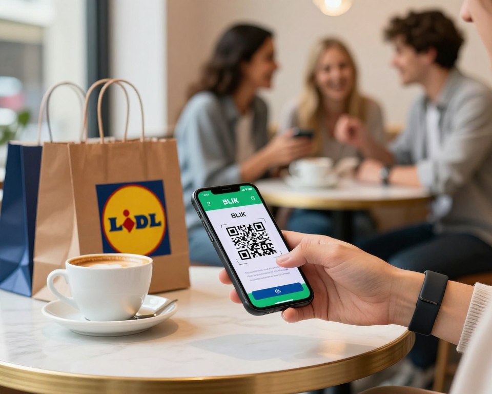 A secure payment scene focused on the BLIK payment method. In the foreground, a modern smartphone displaying the BLIK app with a prominent QR code. Beside it, we see a hand poised to scan the code, dressed in a smart wristwatch, suggesting convenience and security. In the middle ground, an elegant café table with a stylish cup of coffee and some shopping bags from popular brands like Dino and Lidl, symbolizing the ease of use in everyday transactions. In the background, softly blurred silhouettes of happy customers interacting in a vibrant shopping environment, capturing the bustling atmosphere. Bright, natural lighting creates a hopeful, trustworthy ambiance, ideal for highlighting the benefits of secure payments. A secure payment scene focused on the BLIK payment method. In the foreground, a modern smartphone displaying the BLIK app with a prominent QR code. Beside it, we see a hand poised to scan the code, dressed in a smart wristwatch, suggesting convenience and security. In the middle ground, an elegant café table with a stylish cup of coffee and some shopping bags from popular brands like Dino and Lidl, symbolizing the ease of use in everyday transactions. In the background, softly blurred silhouettes of happy customers interacting in a vibrant shopping environment, capturing the bustling atmosphere. Bright, natural lighting creates a hopeful, trustworthy ambiance, ideal for highlighting the benefits of secure payments.