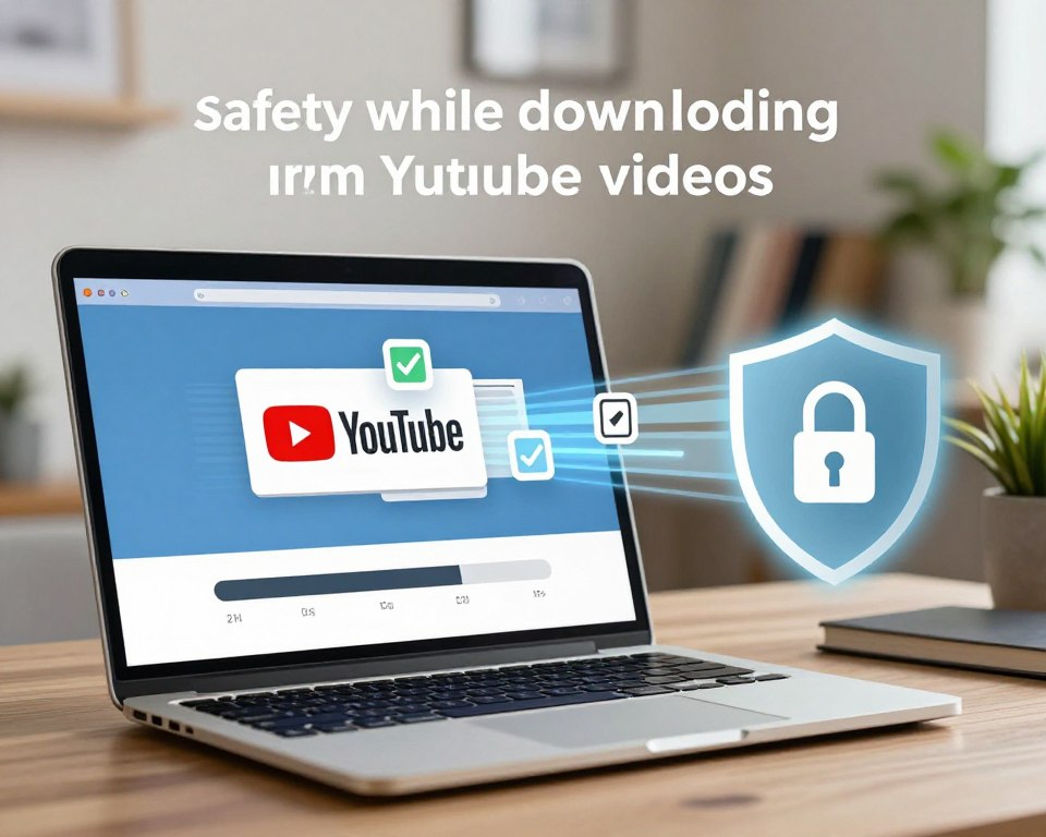 A serene desktop environment illustrating the concept of “safety while downloading YouTube videos.” In the foreground, display a sleek laptop with a download progress bar on the screen. To the right, include a security shield icon representing protection, glowing softly. The middle layer should feature an abstract representation of digital files streaming out from the YouTube logo, interspersed with padlocks and checkmarks symbolizing security measures. In the background, a home office setup with warm lighting creates a cozy atmosphere, showcasing books and a green plant for a touch of life. Use a shallow depth of field to focus on the laptop while subtly blurring the background. The mood is professional and informative, encapsulating the safe downloading process.