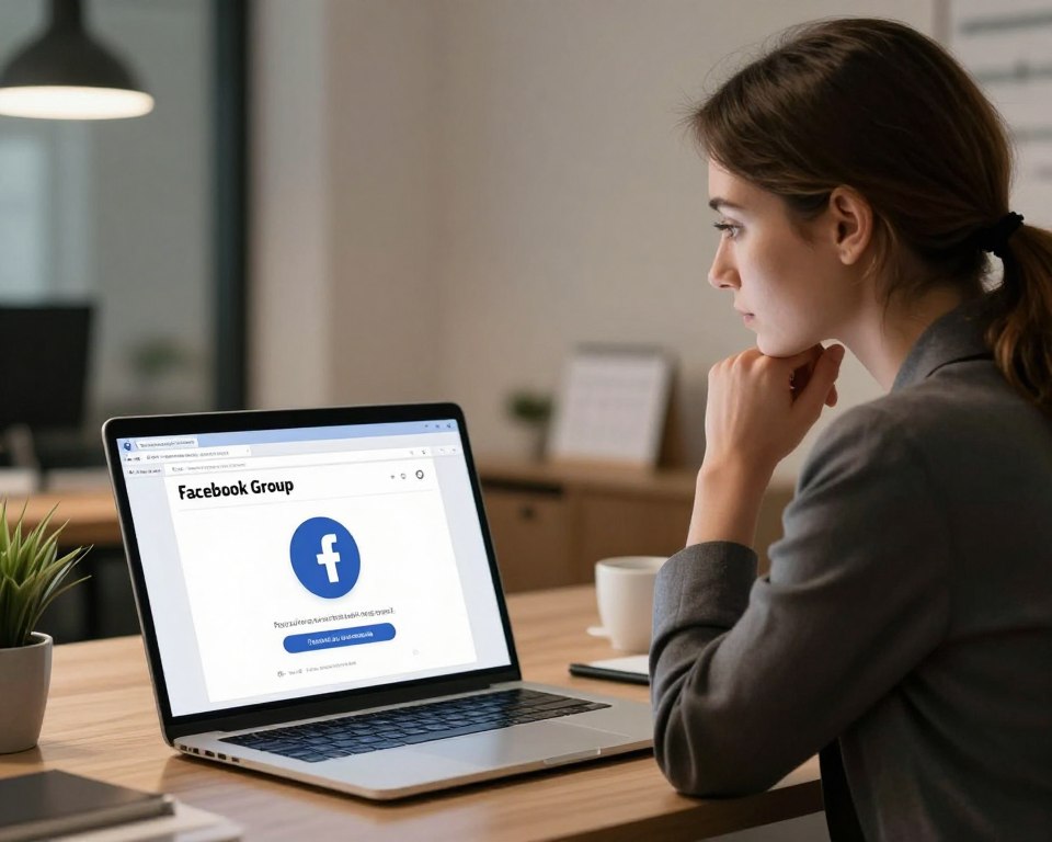 A serene digital scene illustrating the concept of pausing a Facebook group, set in an office environment. In the foreground, a laptop screen displays a Facebook group page, highlighted with a prominent pause symbol (⏸️) over it. In the middle, a person in professional business attire, a woman with brown hair tied back, is sitting at the desk, contemplating the decision to pause the group. She looks thoughtful yet calm, with her hand resting on her chin. The background features a cozy, modern office space with soft, ambient lighting. A potted plant and a calendar are subtly visible, suggesting organization. The mood is reflective and peaceful, with a focus on digital management and decision-making.