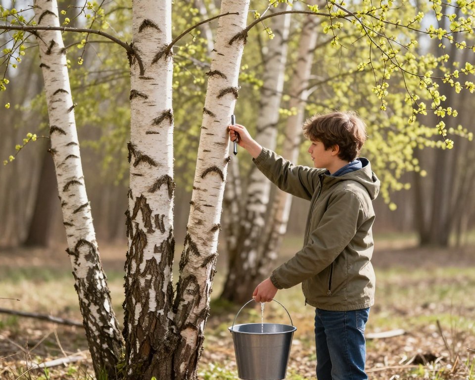A serene early spring scene depicting a beginner enthusiast collecting birch tree sap. In the foreground, a person wearing modest casual clothing is carefully tapping a birch tree with a drill, and a bucket hangs below to catch the flowing sap. The middle ground shows additional birch trees with fresh green buds, illuminated by soft, natural sunlight filtering through the leaves. The background features a blurred woodland, hinting at a tranquil forest environment. The atmosphere is calm and inviting, evoking the gentle approach to nature and learning. The composition should capture a sense of exploration and the joy of outdoor activities, with warm, earthy tones dominating the palette. The image should focus on realistic details and textures, creating an engaging visual experience.