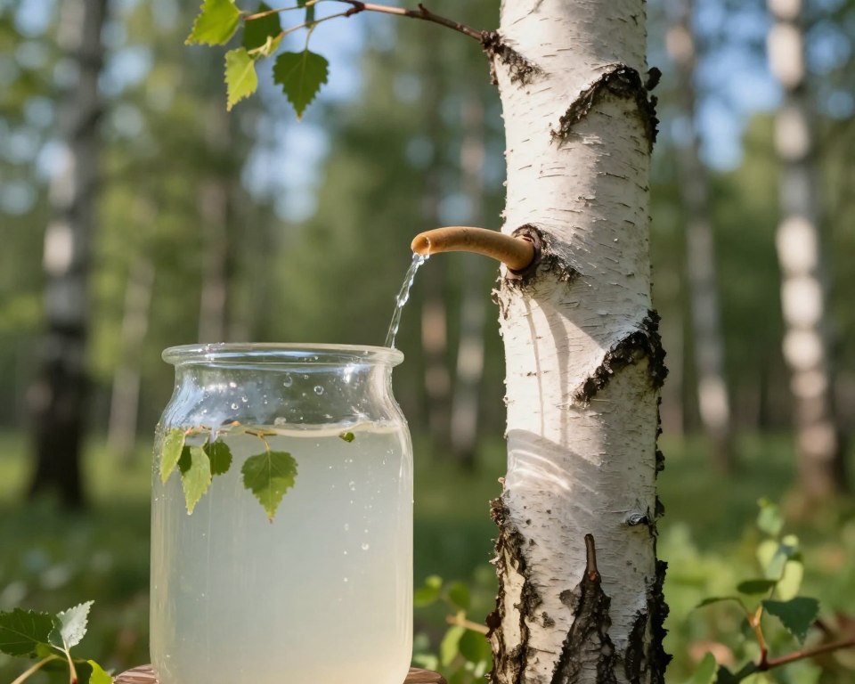 A serene forest scene capturing the essence of birch sap harvesting, focusing on a close-up of a translucent birch sap container with droplets glistening in the soft morning light. In the foreground, the container, made of clear glass, reflects the delicate birch leaves and surrounding greenery. The middle ground features a slender, white-barked birch tree with a small tap gently inserted into its trunk, with streams of sap trickling down into the container. The background reveals a blurred expanse of lush forest under a clear blue sky. The atmosphere is tranquil and refreshing, evoking a sense of natural beauty and curiosity about this traditional practice. The lighting is soft and diffused, creating a warm and inviting mood.