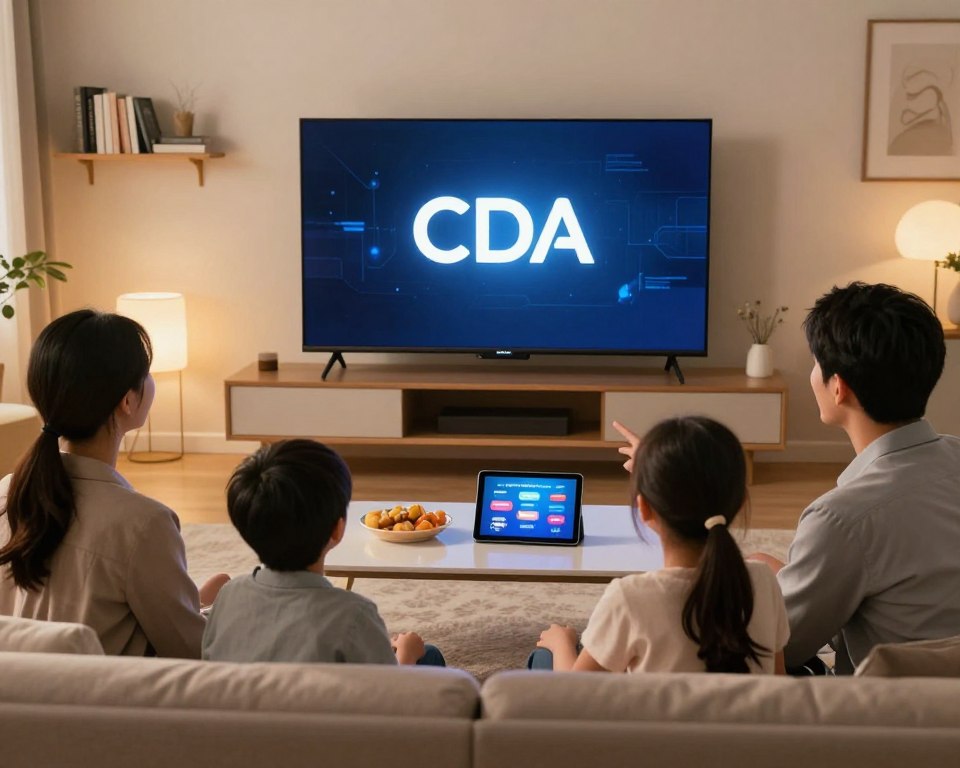 A serene living room environment featuring a modern smart TV displaying the CDA logo prominently on the screen. In the foreground, a family of four sits comfortably on a stylish couch, dressed in casual yet professional attire, watching content while discussing their viewing experience. The middle ground includes a contemporary coffee table with snacks and a tablet displaying a safety guide for streaming. In the background, there are soft, ambient lights creating a cozy atmosphere, with a wall-mounted shelf containing books about digital safety. The scene is warmly lit, capturing a sense of security and family bonding. The composition showcases trust and enjoyment in technology within a home setting.