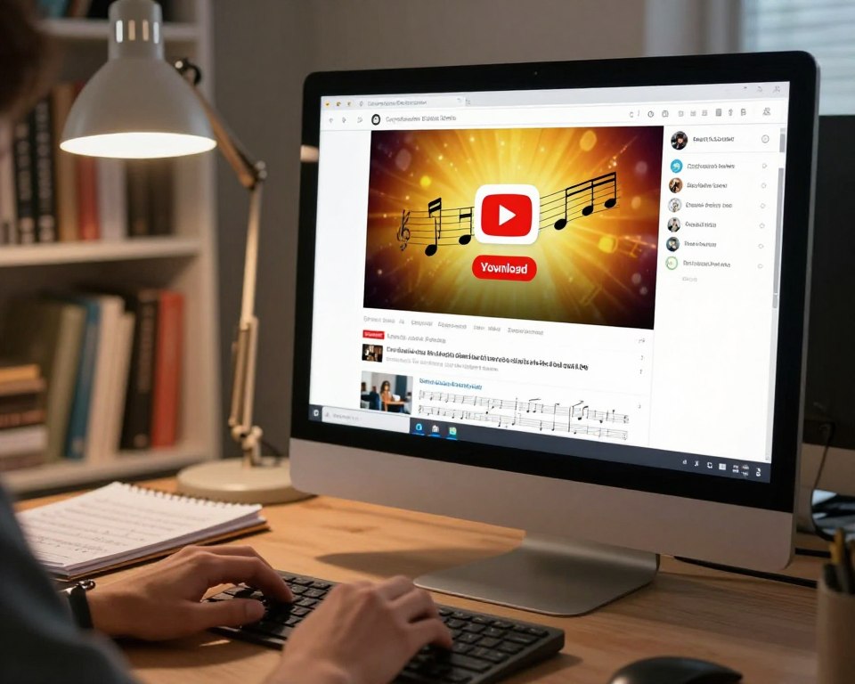 A serene office environment featuring a desktop computer displaying a YouTube video player interface. In the foreground, a pair of hands typing on the keyboard, with sheet music and a notepad beside the monitor. In the middle, the screen showcases a vibrant YouTube video thumbnail, highlighting music notes and a ‘Download’ button prominently, symbolizing legal content usage. The background includes a softly lit bookshelf filled with books on copyright and digital media, creating an educational atmosphere. The lighting is warm, emanating from a desk lamp, giving the scene a cozy yet professional feel. Capture this moment from a slightly elevated angle to emphasize the action of downloading music responsibly.