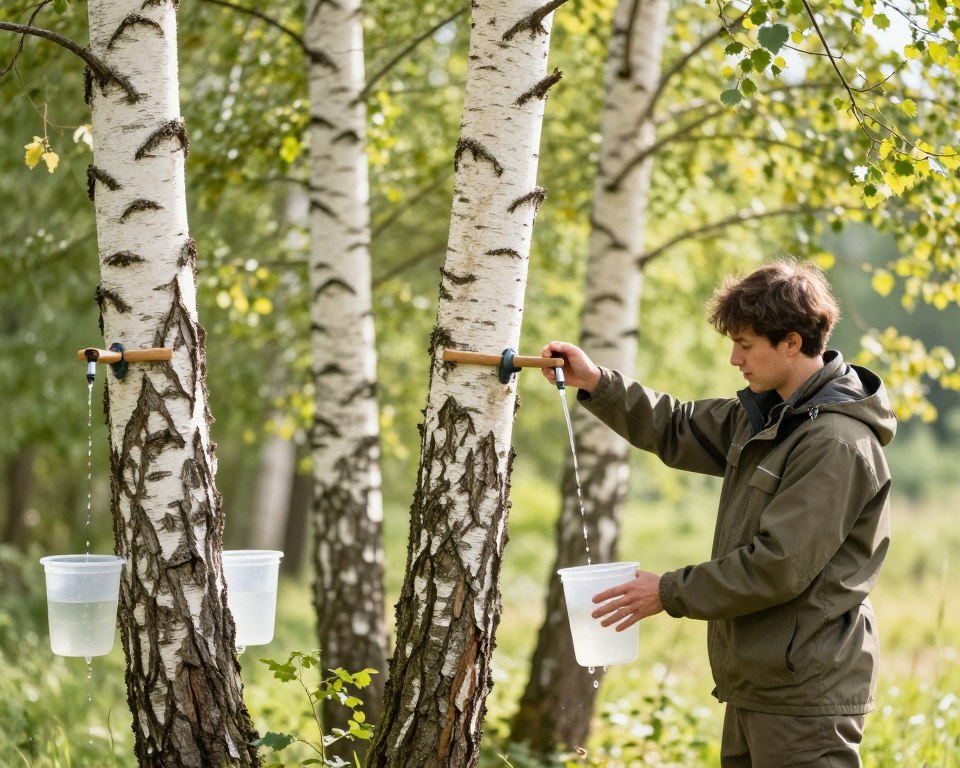 A serene outdoor scene depicting the safe collection of birch sap. In the foreground, a person dressed in professional outdoor clothing carefully gathers sap using a traditional tap setup. Their focused expression conveys the importance of safety. In the middle ground, several birch trees with distinguishable white bark are tapped, with clear containers hanging beneath them, collecting the sap. The background features a soft, bright green forest, illuminated by gentle sunlight filtering through the leaves, enhancing the tranquil atmosphere. The angle captures both the collector and the surrounding trees, showcasing the harmony between nature and the collection process. The overall mood is peaceful, emphasizing responsibility and care during the gathering of sap.