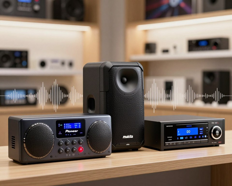 A side-by-side comparison of audio equipment featuring a Pioneer radio, a Makita speaker, and a Toyota audio system. In the foreground, the sleek Pioneer radio showcases its modern design with vibrant buttons and an illuminated display. The Makita speaker is rugged and practical, emphasizing portability and durability, while the Toyota audio system highlights automotive integration, featuring a dashboard display. The middle ground includes subtle sound waves emanating from each device, illustrating their audio capabilities. The background features a soft, blurred setting resembling a stylish electronics store, with warm lighting that evokes a professional atmosphere. The angle is slightly elevated, providing a comprehensive view of all devices, creating an informative and engaging visual for an article section about audio equipment comparisons.