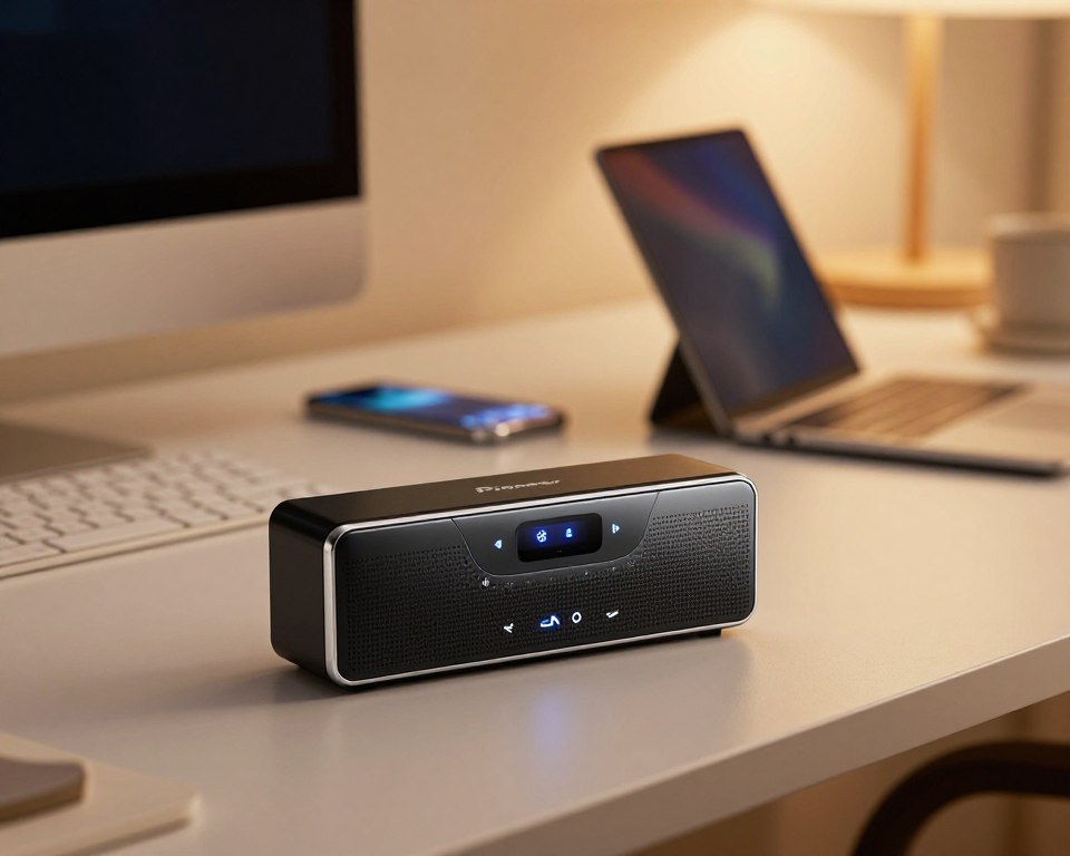 A sleek Pioneer Bluetooth radio prominently displayed in the foreground, showcasing its modern design and illuminated controls. The radio features a glossy black finish with silver accents, and the Bluetooth symbol is subtly highlighted to emphasize connectivity. In the middle ground, there is a softly lit workspace with a stylish desk, featuring connected devices like smartphones and tablets, illustrating the ease of pairing via Bluetooth. The background consists of a warm, inviting room with soft ambient lighting, creating a cozy atmosphere. Use a shallow depth of field to focus on the radio while softly blurring the workspace elements. The overall mood is professional and tech-savvy, inviting viewers to appreciate the benefits of Bluetooth connectivity in everyday life.