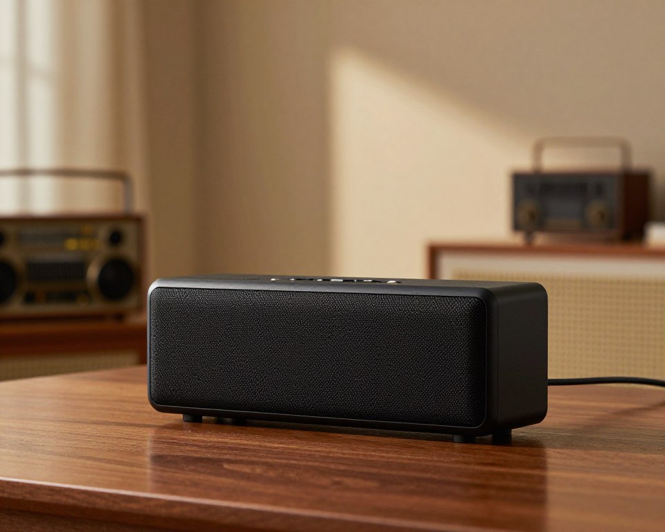 A sleek Pioneer Bluetooth speaker positioned prominently in the foreground, showcasing its modern design with a matte black finish and subtle LED indicators. The speaker sits on a polished wooden table, reflecting light to add depth. In the middle ground, a blurred image of a home environment, featuring soft, warm lighting and minimalistic decor, creating an inviting atmosphere. A hint of vintage audio equipment can be seen in the background, suggesting the rich history of the Pioneer brand. The composition should be shot at a low angle, emphasizing the speaker, with a shallow depth of field that keeps the focus sharp on the speaker while softly blurring the surroundings. The overall mood is nostalgic yet contemporary, celebrating the evolution of audio technology.