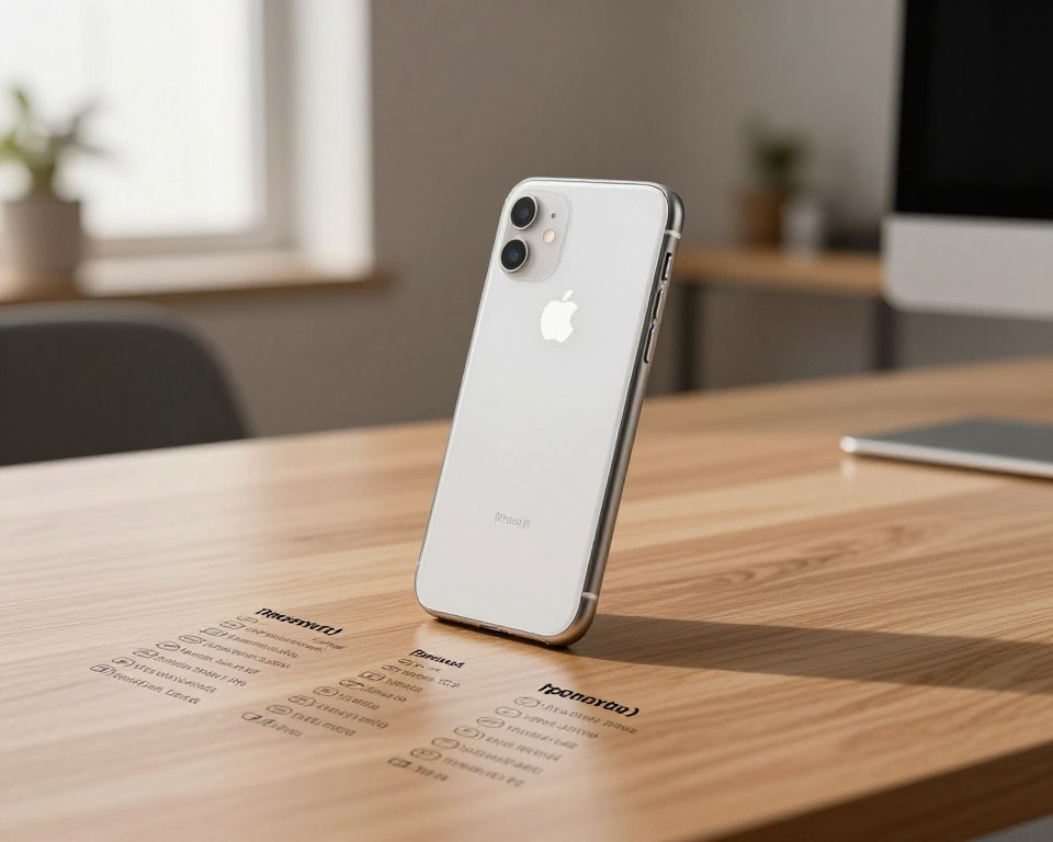 A sleek iPhone 8 resting against a minimalist wooden desk, highlighting its iconic design and shimmering glass back. The device is angled slightly to showcase the dual-camera system and the Home button. In the foreground, scattered technical specifications including dimensions, weight, and battery life are artistically arranged, creating a sense of precision. The background features a soft-focus modern workspace, incorporating warm, inviting lighting from a nearby window, casting gentle shadows. The atmosphere is professional yet inviting, evoking a sense of innovation and attention to detail. The image should be captured from a mid-level angle to emphasize the phone while keeping the specs in view, avoiding any text or branding that could distract from the visual focus on the iPhone 8.