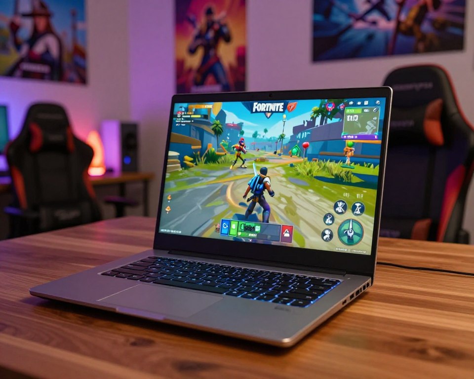 A sleek laptop sits on a polished wooden desk, showcasing Fortnite gameplay on the screen. In the foreground, a close-up of the laptop keyboard with illuminated keys emphasizes its modern design. The middle layer features the Fortnite interface with vibrant graphics and character avatars, capturing the essence of the game. The background includes a softly lit room with ambient lighting, a comfortable gaming chair, and posters of Fortnite characters and scenes decorating the walls, creating an immersive gaming atmosphere. The overall mood is energetic and exciting, highlighting the requirements for playing Fortnite. The image is well-lit, with a warm glow emanating from the laptop screen, evoking a sense of readiness and adventure.