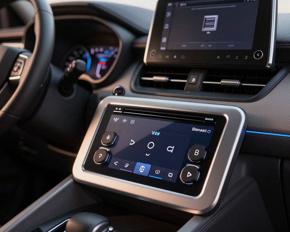 A sleek, modern Pioneer car radio displayed prominently in the foreground, showcasing its unique buttons and features like Bluetooth connectivity and touchscreen interface. The radio's glossy finish reflects soft ambient lighting, emphasizing its high-tech design. In the middle ground, there’s a stylish, contemporary dashboard of a car, hinting at its integration with Toyota’s infotainment system. The background features a gently blurred view of a car interior with a subtle focus on additional features like USB ports and vibrant LED lights. The overall mood is innovative and sophisticated, capturing the essence of advanced car audio technology. Use a slightly high-angle shot to highlight the radio's functionality and design. Natural, warm lighting enhances the inviting atmosphere while maintaining a professional aesthetic.