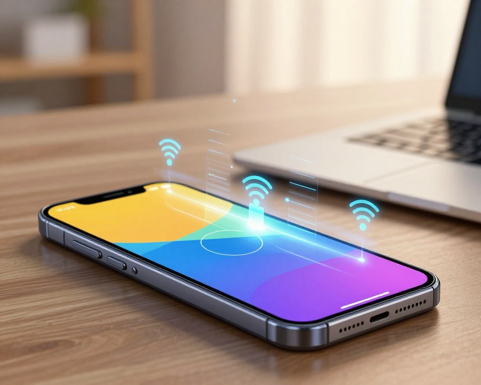 A sleek, modern smartphone displaying a Wi-Fi Direct transfer interface in the foreground, with a vibrant, glossy screen showing an image being sent. The middle layer features abstract visual representations of data transfer, like glowing data streams or connectivity icons, subtly overlaying the device, conveying a sense of speed and efficiency. In the background, a blurred home environment or office space can be seen, illuminated by warm, soft lighting to create a professional atmosphere. The composition is shot from a slightly elevated angle, enhancing the focus on the smartphone while creating a sense of depth. The overall mood is tech-savvy and dynamic, perfectly capturing the essence of wireless file transfer through Wi-Fi Direct.