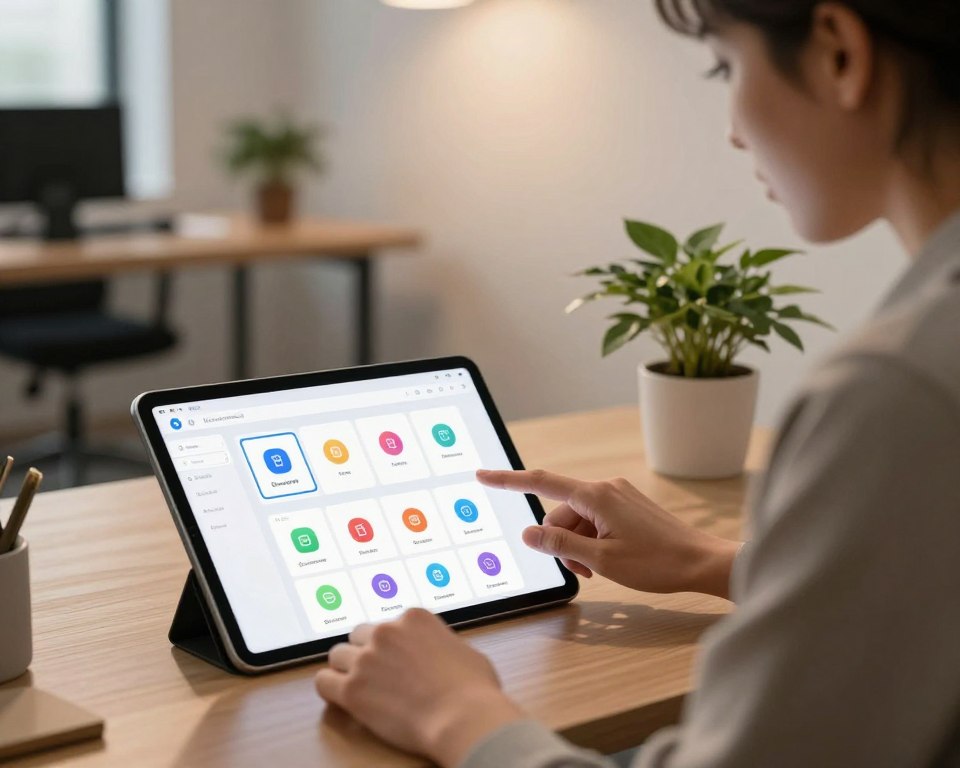 A sleek, modern workspace showcasing an application management interface on a high-resolution tablet. In the foreground, the tablet displays a visually appealing app management dashboard, featuring colorful icons representing various apps, organized in a user-friendly manner. In the middle area, a professional-looking individual dressed in smart casual attire is engaging with the tablet, their face focused and intrigued, reflecting a sense of productivity. In the background, a softly lit office with minimalistic design elements, such as potted plants and a stylish desk, creates a calm and efficient atmosphere. Warm lighting accentuates the scene, casting gentle shadows, enhancing the feeling of a contemporary tech environment. Overall, the image captures the essence of effective app management tools in a professional setting. A sleek, modern workspace showcasing an application management interface on a high-resolution tablet. In the foreground, the tablet displays a visually appealing app management dashboard, featuring colorful icons representing various apps, organized in a user-friendly manner. In the middle area, a professional-looking individual dressed in smart casual attire is engaging with the tablet, their face focused and intrigued, reflecting a sense of productivity. In the background, a softly lit office with minimalistic design elements, such as potted plants and a stylish desk, creates a calm and efficient atmosphere. Warm lighting accentuates the scene, casting gentle shadows, enhancing the feeling of a contemporary tech environment. Overall, the image captures the essence of effective app management tools in a professional setting.