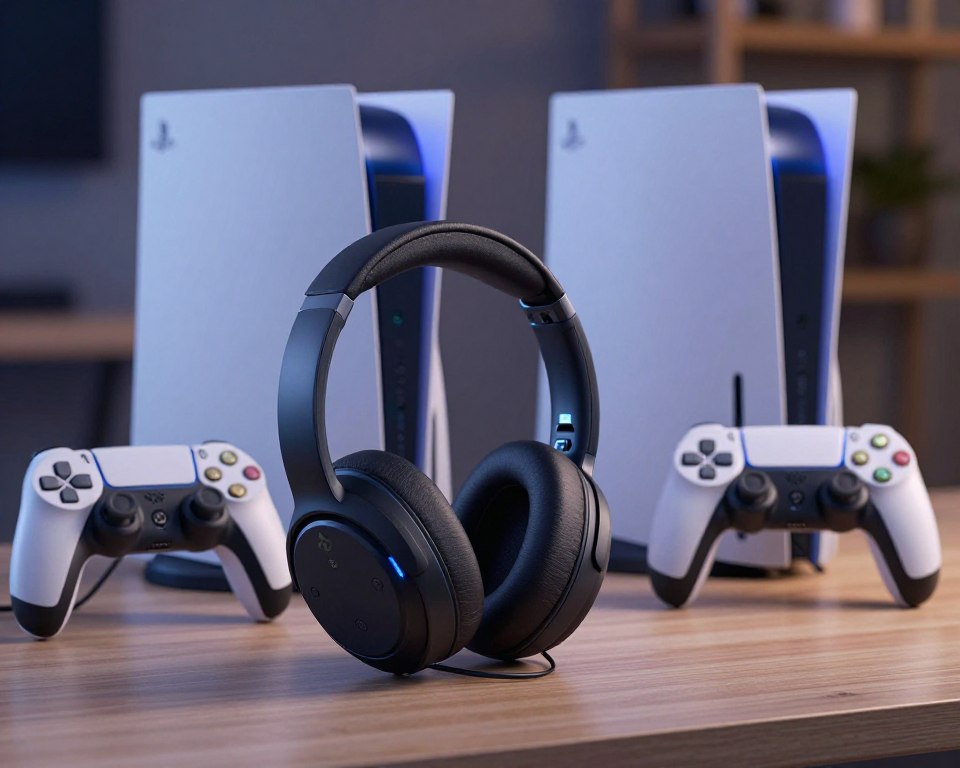 A sleek pair of Bluetooth headphones tailored for PlayStation 4, prominently displayed in the foreground. The headphones feature a modern design, with plush ear cups, a matte black finish, and subtle blue LED accents. In the middle ground, a PS4 console and controller are arranged neatly, showcasing the gaming setup. The background includes a softly blurred room setting with dim ambient lighting, enhancing the cozy atmosphere of a gaming space. The image is captured from a slightly elevated angle, providing a dynamic view. The overall mood is tech-savvy and relaxed, inviting gamers to visualize connecting their Bluetooth headphones to their PS4 for an immersive gaming experience.
