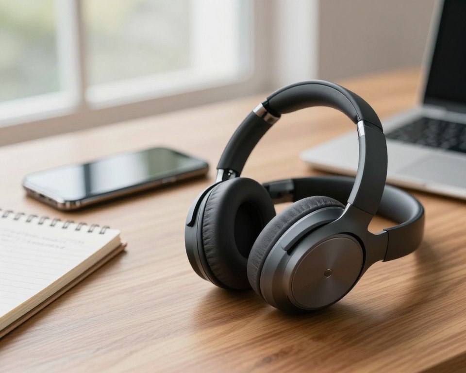A sleek pair of modern wireless headphones prominently displayed in the foreground, showcasing a professional design with smooth curves and a matte finish. The headphones should have subtle metallic accents, positioned on a polished wooden desk. In the middle ground, a softly blurred smartphone and a notepad with notes about Bluetooth technology hint at a tech-savvy environment. In the background, gently diffused natural light pours in from a large window, illuminating the scene and creating a calm, focused atmosphere. Capture the essence of innovation and connectivity, evoking a sense of quiet professionalism and modern lifestyle. The image should be well-composed, shot from a slightly elevated angle to emphasize the headphones' design and functionality. A sleek pair of modern wireless headphones prominently displayed in the foreground, showcasing a professional design with smooth curves and a matte finish. The headphones should have subtle metallic accents, positioned on a polished wooden desk. In the middle ground, a softly blurred smartphone and a notepad with notes about Bluetooth technology hint at a tech-savvy environment. In the background, gently diffused natural light pours in from a large window, illuminating the scene and creating a calm, focused atmosphere. Capture the essence of innovation and connectivity, evoking a sense of quiet professionalism and modern lifestyle. The image should be well-composed, shot from a slightly elevated angle to emphasize the headphones' design and functionality.