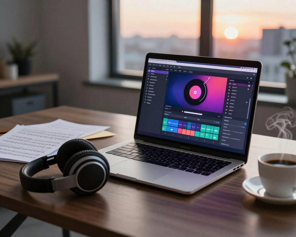 A stylish digital workspace featuring a sleek laptop on a polished desk, displaying a vibrant music conversion software interface. In the foreground, a pair of high-quality headphones rests beside the laptop, symbolizing the music experience. In the middle ground, scattered notes and music sheets hint at the creative process, while a cup of steaming coffee adds a cozy touch. The background features softly diffused ambient lighting, creating a modern and inviting atmosphere. A large window reveals a cityscape at sunset, casting a warm glow. The overall mood is professional yet relaxed, emphasizing the innovative side of music downloading methods, tailored for a discerning audience. The image should be crisp and well-composed, capturing the essence of music conversion technology in a contemporary setting.