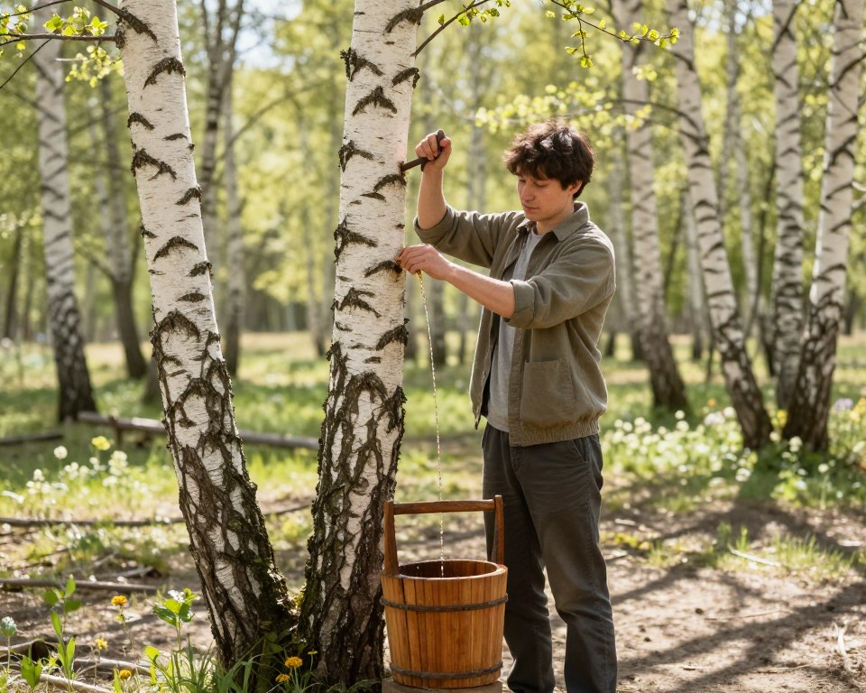 A traditional method of collecting birch sap, featuring a serene forest setting with tall, slender birch trees in early spring. In the foreground, a rustic wooden bucket is suspended from a tree, with a clear stream of sap dripping into it. The mid-ground showcases a person in modest casual clothing, carefully tapping the birch tree with a traditional metal spile, their face focused and serene. Sunlight filters through the leaves, casting dappled shadows on the ground, highlighting the greenery and fresh buds of spring. The background contains a blurred view of more birch trees and hints of wildflowers, enhancing the natural atmosphere. The overall mood is peaceful and harmonious, capturing the essence of nature's bounty and traditional practices.
