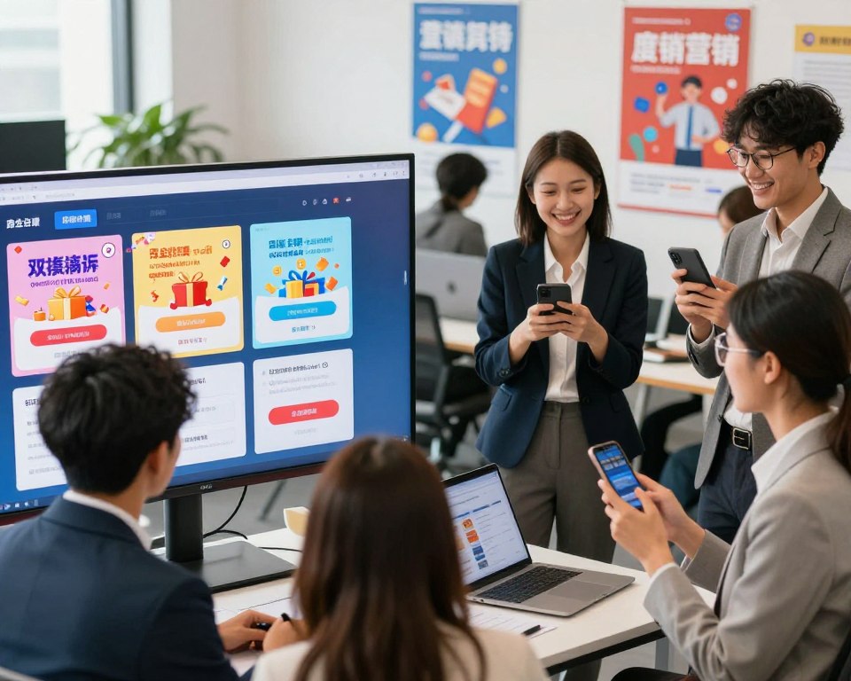 A vibrant and engaging digital marketing scene depicting the impact of competitions on marketing strategies. In the foreground, a diverse group of professional individuals, dressed in business attire, are gathered around a large screen that displays various attractive competition graphics, like prize images and participation details. In the middle ground, cheerful participants are interacting with promotional materials and social media posts on their smartphones, illustrating their excitement about the competition. The background features a lively office environment with motivational posters about marketing and competitions. Soft, natural lighting enhances the collaborative atmosphere, while a slight lens blur creates depth. The overall mood is dynamic and inspiring, showcasing the positive influence of contests on marketing engagement.