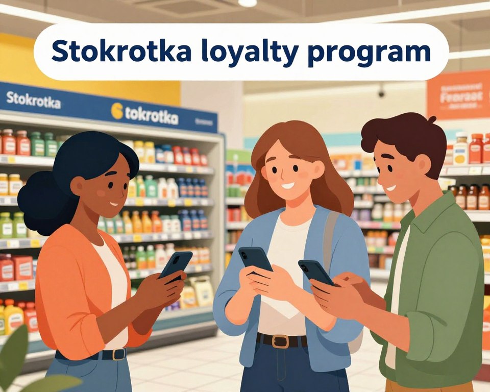 A vibrant and engaging illustration depicting the "Stokrotka loyalty program." In the foreground, a diverse group of three individuals dressed in smart casual attire, happily interacting with a mobile app on their smartphones. In the middle ground, an open supermarket with Stokrotka branding prominently displayed on products and shelves, showcasing various items available for loyalty points redemption. In the background, bright and inviting store signage and displays, creating a welcoming shopping atmosphere. Soft, natural lighting illuminates the scene, emphasizing a sense of community and satisfaction among shoppers. The overall mood is cheerful and optimistic, capturing the essence of loyalty and rewards within a shopping experience, making it visually appealing while staying focused on the loyalty program concept.