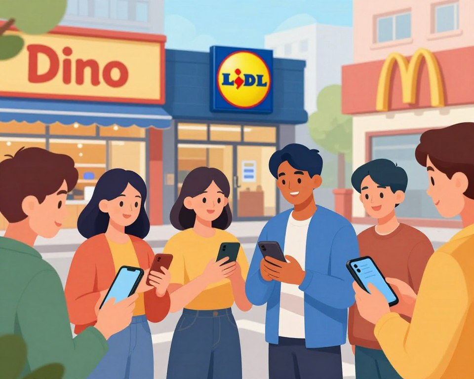 A vibrant and engaging illustration that represents the advantages of mobile payments. In the foreground, diverse individuals happily using their smartphones to make purchases, showcasing a positive atmosphere. In the middle ground, scenes of popular stores like Dino, Lidl, and McDonald's with visible payment icons, symbolizing the convenience of mobile payments. The background features a modern urban setting with cheerful colors and light reflections, creating a lively environment. Soft, warm lighting enhances the friendly mood, using a 50mm lens perspective to focus on the actions of people. The overall atmosphere conveys efficiency, accessibility, and the modernity of technology, without any text or logos present. A vibrant and engaging illustration that represents the advantages of mobile payments. In the foreground, diverse individuals happily using their smartphones to make purchases, showcasing a positive atmosphere. In the middle ground, scenes of popular stores like Dino, Lidl, and McDonald's with visible payment icons, symbolizing the convenience of mobile payments. The background features a modern urban setting with cheerful colors and light reflections, creating a lively environment. Soft, warm lighting enhances the friendly mood, using a 50mm lens perspective to focus on the actions of people. The overall atmosphere conveys efficiency, accessibility, and the modernity of technology, without any text or logos present.