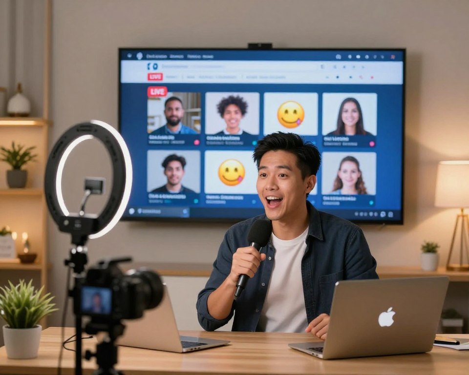 A vibrant and engaging scene depicting a Facebook Live broadcast setup. In the foreground, a professional presenter wearing smart casual attire is speaking into a microphone, showcasing enthusiasm and energy. They are surrounded by modern equipment including a ring light, camera, and laptop, highlighting the tools of live streaming. The middle ground features a large screen displaying the Facebook Live interface with interacting viewers' icons and reaction emojis to create a sense of connection. In the background, a cozy studio space filled with soft lighting and decorative elements fosters an inviting atmosphere. The overall mood is dynamic and professional, capturing the essence of online engagement and creativity, with warm, inviting lighting that enhances the scene.
