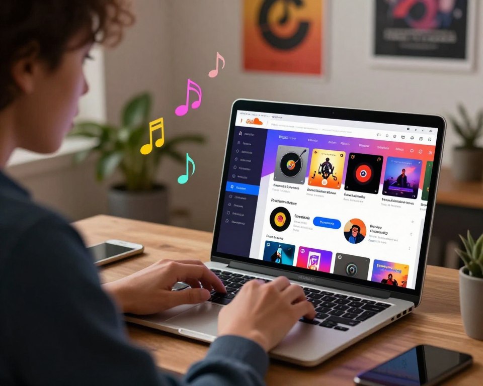 A vibrant desktop scene depicting a person in professional attire sitting at a modern computer, focused on downloading music from SoundCloud. In the foreground, a sleek laptop screen glows with the SoundCloud interface, showcasing various music tracks with the download button highlighted. The middle ground features colorful music notes floating around, symbolizing creativity and rhythm. In the background, a cozy room is adorned with motivational posters and house plants, filled with soft, warm lighting that creates a welcoming atmosphere. The angle is slightly overhead, capturing the intensity and engagement of the user as they navigate the music platform, evoking a sense of productivity and inspiration. The overall mood is dynamic and energetic, indicative of the digital age of music sharing.