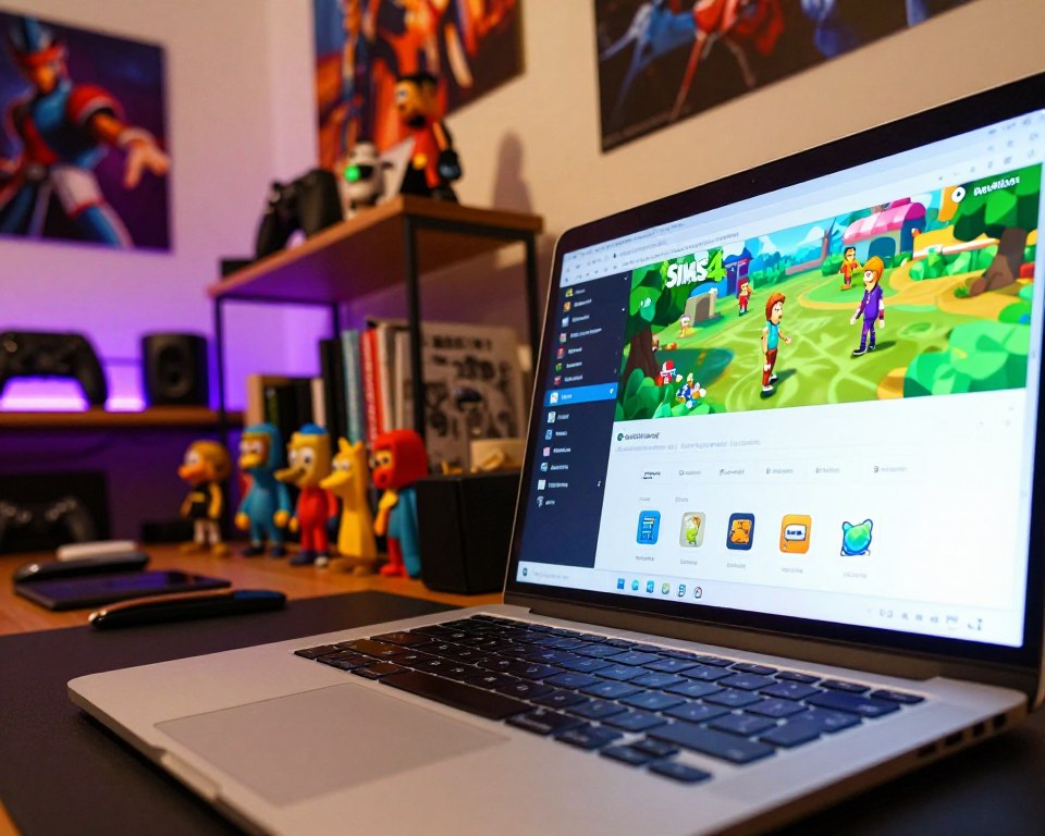 A vibrant digital workspace filled with various files and mod icons related to "The Sims 4" scattered around a sleek laptop. In the foreground, a close-up view of the laptop screen showing the game's interface with a vibrant mod download page open. The keyboard is illuminated with soft blue light, casting gentle reflections. In the middle ground, shelves lined with gaming accessories, books about game design, and colorful figurines representing Sims characters. The background features a cozy gaming room with ambient lighting and gaming posters on the walls. The atmosphere feels energetic yet focused, with a touch of creativity, perfect for avid gamers. The image should have warm lighting to enhance the inviting mood, with a slight tilt from a low angle to create depth.