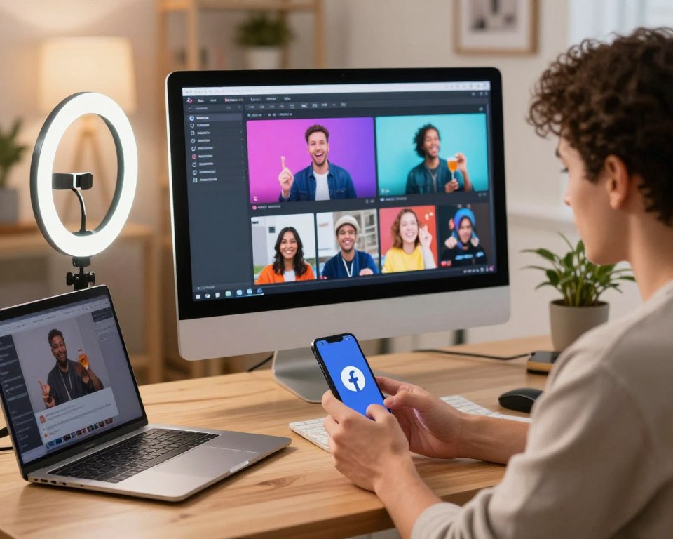 A vibrant digital workspace scene showcasing a creative individual engaged in producing content for Facebook Reels. In the foreground, a focused creator in smart casual attire is surrounded by modern tech gadgets like a ring light, smartphone, and laptop, capturing dynamic videos. The middle ground features a large computer screen displaying a colorful, engaging interface of Facebook Reels, with eye-catching thumbnails and video snippets. The background is softly blurred, hinting at a cozy, contemporary room with warm lighting that creates an inviting, inspiring atmosphere. The scene conveys excitement and creativity, highlighting the essence of producing engaging and trendy video content for social media.