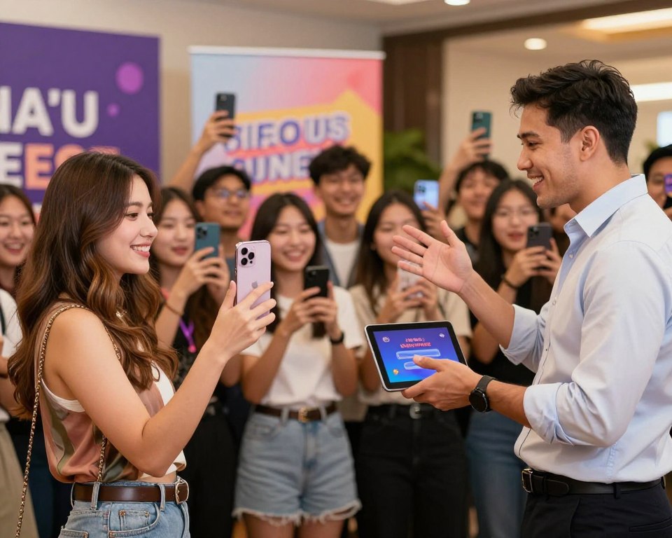 A vibrant image depicting an influencer contest scene, featuring a diverse group of three influencers engaging with their audience. In the foreground, a woman with long brown hair wearing a stylish casual outfit is smiling as she holds up a sleek iPhone. Beside her, a man in a smart, professional shirt gestures enthusiastically, showcasing a prize announcement on a digital tablet. In the middle ground, a small crowd of excited fans is gathered, capturing the moment with their smartphones. The background features colorful banners and decorations highlighting the theme of the contest. Soft, warm lighting creates an inviting atmosphere, with a shallow depth of field focusing on the influencers while the crowd gently blurs. The overall mood is energetic and positive, embodying the excitement of influencer contests.