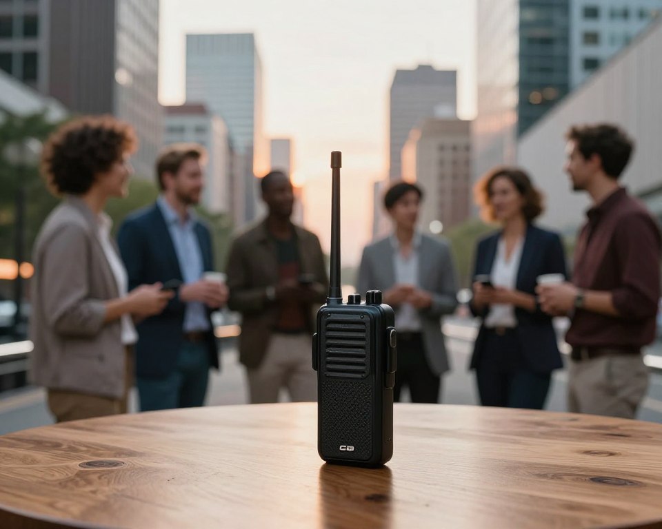A vibrant urban scene showcasing a CB radio setup, prominently displayed in the foreground on a smooth wooden table. In the middle ground, capture a diverse group of people, dressed in smart casual clothing, engaged in lively conversation, while they share experiences related to city communication. The background features a bustling cityscape, with towering buildings and soft sunset lighting that casts warm tones, enhancing the atmosphere. Use a slight depth of field effect to keep the focus on the CB radio and the people, while the city fades gently in the distance. The mood should feel energetic and connected, reflecting the essence of urban communication through technology.
