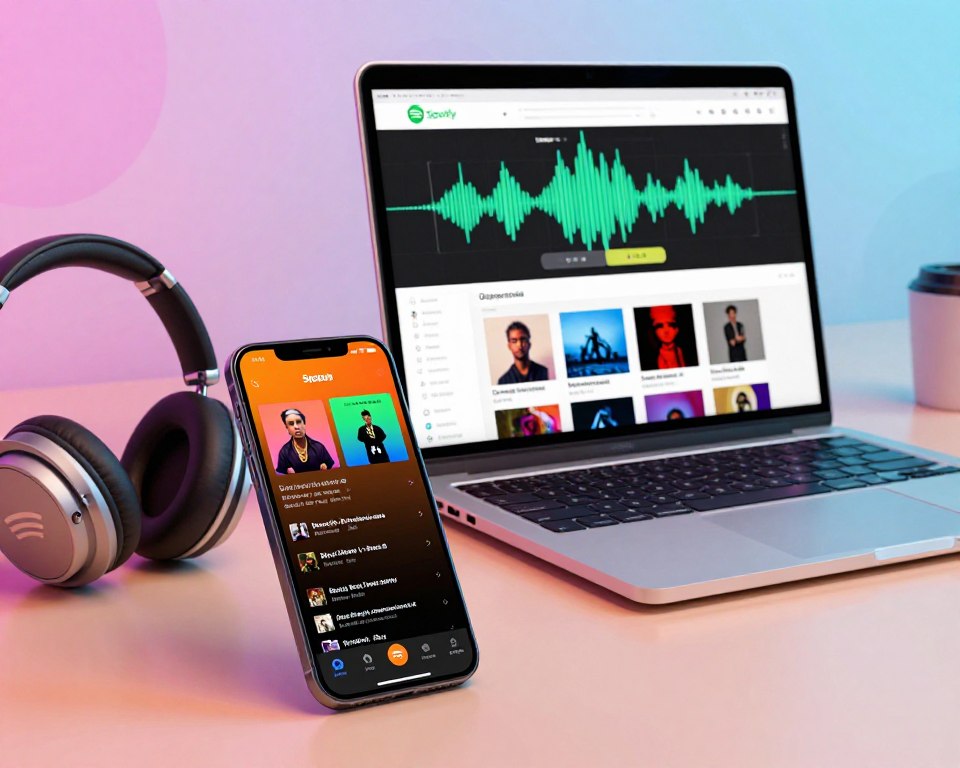 A vibrant workspace showcasing a digital music streaming scene inspired by Spotify. In the foreground, a sleek smartphone displays the Spotify app interface with playlists and album covers vibrant in color. Beside it, a pair of modern wireless headphones adds to the theme of music consumption. In the middle, a stylish laptop is open, showing the Spotify web player, with audio visualizers and an aesthetic background of sound waves. The background features abstract shapes and a soft gradient, hinting at the digital nature of music streaming. The lighting is bright and cheerful, conveying an energetic and enjoyable atmosphere. The entire composition has a modern and youthful vibe, ideal for illustrating a music streaming experience.