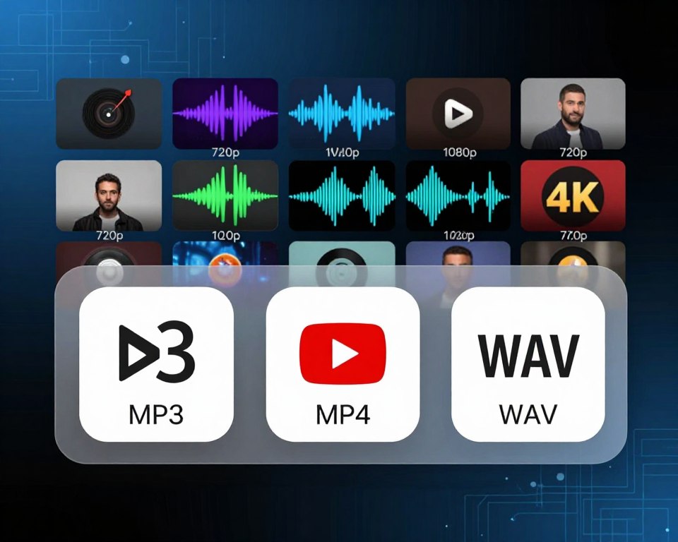 A visually appealing and informative image depicting various file formats and quality options for downloading music and videos from YouTube. In the foreground, showcase a sleek, digital interface displaying icons representing popular formats like MP3, MP4, and WAV. The middle ground features a colorful array of sound waves and video clips, illustrating different quality levels, such as 720p, 1080p, and 4K. The background should be a soft gradient of blues and blacks, reminiscent of media streaming aesthetics, with subtle technical motifs like circuit patterns or digital grids. Use dynamic lighting to create a professional and modern atmosphere, highlighting the icons and waveforms in a clean, tech-savvy design. The image should convey clarity and focus on multimedia downloading options without any text or branding elements.