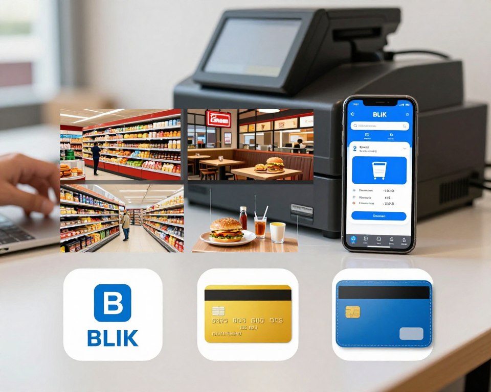 A visually engaging comparison of BLIK payment method with other payment methods, such as credit cards and digital wallets. In the foreground, display illustrated icons representing BLIK, a credit card, and a digital wallet, arranged on a sleek table with a blurred cash register in the background. The middle layer should depict various shopping environments, like a grocery store, fast food restaurant, and online shopping, subtly blended into a seamless panorama. Use bright and inviting lighting to enhance the atmosphere, and capture the scene from a slightly elevated angle to give a comprehensive view of the payment methods in action. The overall mood should be informative and modern, conveying the ease and variety of payment options available today. A visually engaging comparison of BLIK payment method with other payment methods, such as credit cards and digital wallets. In the foreground, display illustrated icons representing BLIK, a credit card, and a digital wallet, arranged on a sleek table with a blurred cash register in the background. The middle layer should depict various shopping environments, like a grocery store, fast food restaurant, and online shopping, subtly blended into a seamless panorama. Use bright and inviting lighting to enhance the atmosphere, and capture the scene from a slightly elevated angle to give a comprehensive view of the payment methods in action. The overall mood should be informative and modern, conveying the ease and variety of payment options available today.