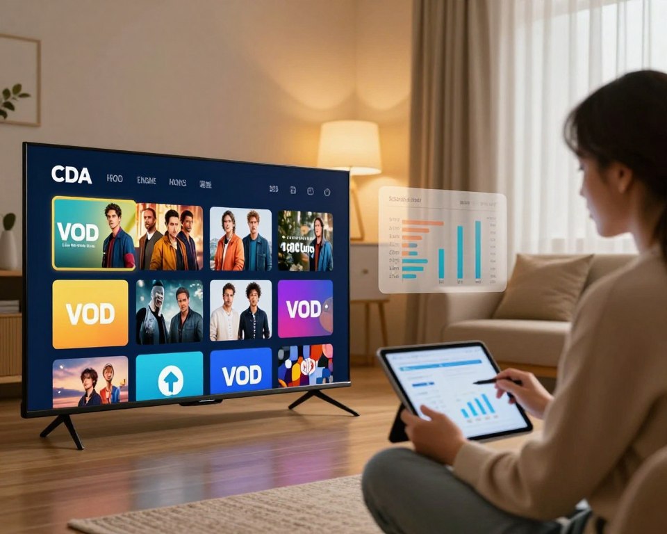 A visually engaging comparison of the CDA platform with other VOD services, featuring a split-screen design. In the foreground, a modern Smart TV displaying the CDA interface on one side, showcasing a vibrant selection of films and shows. On the other side, various icons of competing VOD platforms, each uniquely styled. The middle ground includes a person in professional attire, analyzing data on a tablet, with charts and statistics overlayed semitransparently, representing the comparative analysis. In the background, a cozy living room setting with warm lighting creates an inviting atmosphere, highlighting the relevance of VOD services in home entertainment. The scene captures a sense of innovation and technology in today's viewing experience.