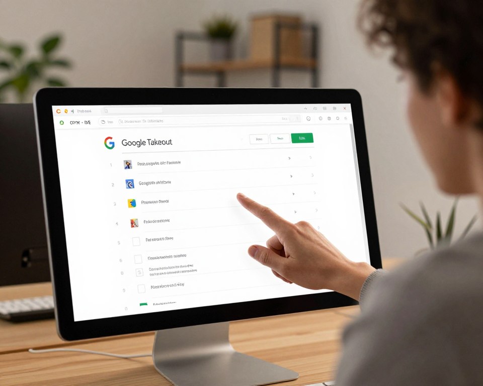 A visually engaging illustration depicting the configuration of a Google Takeout archive. In the foreground, a computer screen displays the Google Takeout interface with options for selecting file formats and sizes, including checkboxes for various types of data, such as photos and documents. In the middle ground, a person in smart casual attire is intently interacting with the screen, with their hand pointing towards the options, symbolizing the process of customizing the archive. The background features a softly blurred home office setting, with a plant and a bookshelf, to convey a productive atmosphere. The lighting is warm and inviting, highlighting the screen and creating a focus on the configuration process, evoking a sense of clarity and organization.