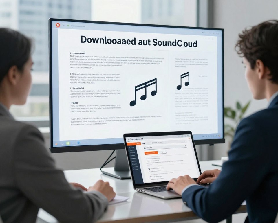 A visually striking illustration focused on the legal aspects of downloading music from SoundCloud. In the foreground, a professional business person, dressed in smart casual attire, is seated at a modern desk, using a laptop to explore SoundCloud’s interface. The middle section features a large, transparent screen displaying legal documents and copyright symbols alongside music notes, showcasing the connection between legality and music downloading. The background includes a blurred cityscape through a bright window, suggesting a dynamic, digital environment. Soft, natural lighting illuminates the scene, reflecting a sense of seriousness and professionalism. The atmosphere is focused and informative, designed to engage readers with the concept of legal music access in the digital age.