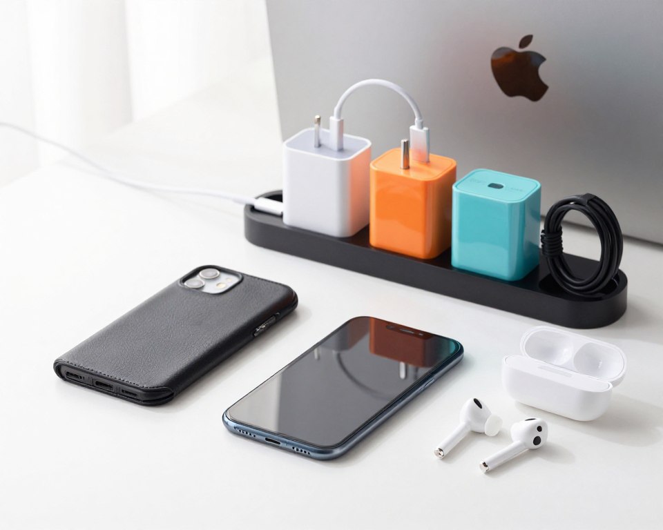 A well-lit, detailed still life composition featuring various accessories for the iPhone 8. In the foreground, display a sleek leather case in black, a tempered glass screen protector, and a set of stylish wireless earbuds, all arranged neatly. The middle layer should include a charging dock and a vibrant selection of colorful cable chargers, showcasing their compatibility with the iPhone 8. In the background, a soft-focused Apple logo adds an elegant touch. The lighting is bright and natural, emanating from the left, creating soft shadows that add depth to the scene. The mood is modern and tech-savvy, perfect for illustrating the latest accessories designed for the iPhone 8.