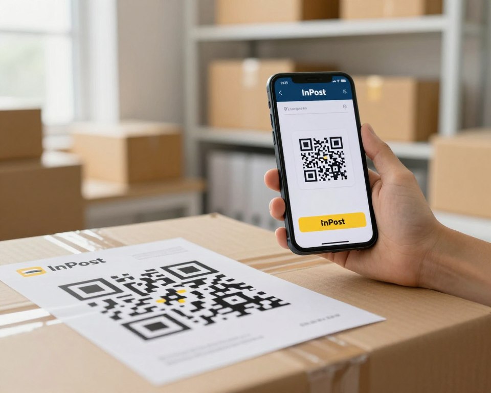 A well-lit, professional office setting showcasing an InPost package with a prominent QR code on the label. In the foreground, the QR code is clearly visible on a shipping label, partially rolled up revealing the InPost logo. In the middle ground, a smartphone displays the InPost application interface, capturing the QR code scanning feature in action, with a light reflection on the screen. The background features shelves with stacked packages, soft focus to emphasize the QR integration while maintaining context. The atmosphere should be efficient and modern, with natural light streaming through a window, creating a bright and inviting ambiance. The entire composition conveys the seamless integration of QR codes into the shipping process, illustrating innovation and convenience. A well-lit, professional office setting showcasing an InPost package with a prominent QR code on the label. In the foreground, the QR code is clearly visible on a shipping label, partially rolled up revealing the InPost logo. In the middle ground, a smartphone displays the InPost application interface, capturing the QR code scanning feature in action, with a light reflection on the screen. The background features shelves with stacked packages, soft focus to emphasize the QR integration while maintaining context. The atmosphere should be efficient and modern, with natural light streaming through a window, creating a bright and inviting ambiance. The entire composition conveys the seamless integration of QR codes into the shipping process, illustrating innovation and convenience.