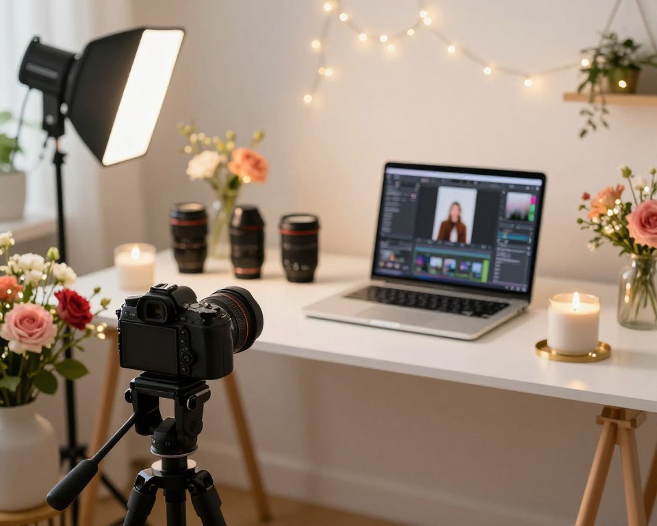 A well-organized photography workspace for a contest, showcasing an inspiring setup. In the foreground, a stylish camera on a tripod, pointed towards an appealing subject arrangement of vibrant flowers and elegant props. The middle layer features a softly illuminated table with photography tools like lenses, lighting equipment, and a laptop displaying photo editing software, all in modern design. The background blends a creative atmosphere, with soft bokeh effects from twinkling fairy lights and a subtle hint of greenery. Soft, diffused natural lighting creates a warm, inviting mood. Capture this scene from a slightly elevated angle to encapsulate the entire setup, emphasizing creativity and professionalism, making it perfect for aspiring photographers seeking tips for contest-worthy images.