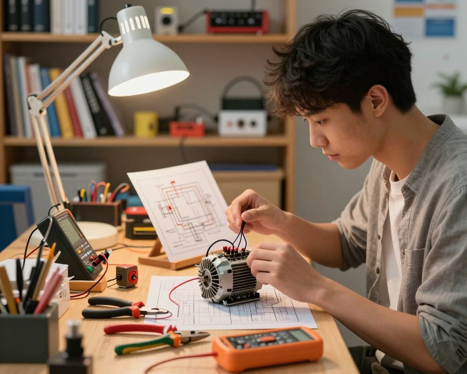 A workshop scene focused on electrical tips for beginners, featuring a hands-on setup where a novice learner is carefully connecting a voltage regulator to an alternator. In the foreground, a well-organized workbench is cluttered with tools like wire strippers, pliers, and a multimeter, highlighting a sense of practical learning. In the middle ground, the learner, a young adult in modest casual clothing, is attentively studying a wiring diagram illuminated by a soft, warm light from an overhead lamp. In the background, shelves filled with instructional books and electrical components create a cozy and inviting atmosphere. The overall mood conveys curiosity and a supportive learning environment, prompting viewers to feel inspired and knowledgeable about electrical projects.