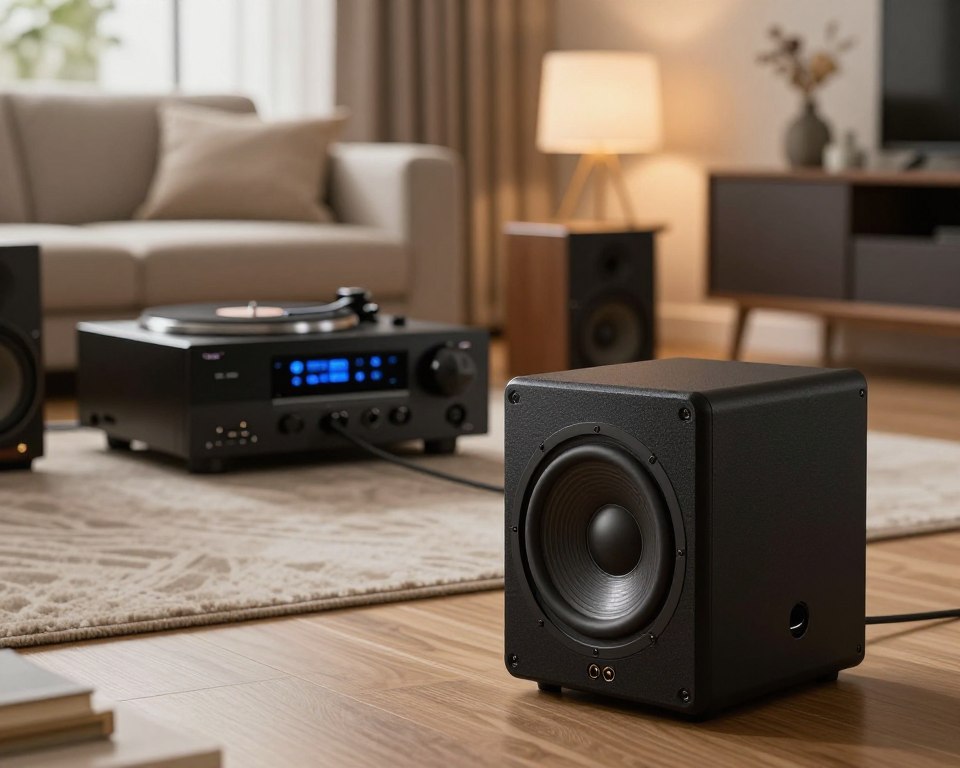 An active subwoofer connected to a modern audio system in a stylish living room setting. The foreground shows the sleek black subwoofer with visible input ports, showcasing its robust design. In the middle ground, a high-end audio receiver with illuminated display connects various devices, including a turntable and speakers. The background features a cozy sofa and tasteful decor, with soft ambient lighting enhancing the atmosphere. A window allows natural light to filter in, creating a warm and inviting mood. Capture the scene from a slightly elevated angle to emphasize the connection details and the harmonious blend of technology and comfort, evoking a sense of sophistication and enjoyment. An active subwoofer connected to a modern audio system in a stylish living room setting. The foreground shows the sleek black subwoofer with visible input ports, showcasing its robust design. In the middle ground, a high-end audio receiver with illuminated display connects various devices, including a turntable and speakers. The background features a cozy sofa and tasteful decor, with soft ambient lighting enhancing the atmosphere. A window allows natural light to filter in, creating a warm and inviting mood. Capture the scene from a slightly elevated angle to emphasize the connection details and the harmonious blend of technology and comfort, evoking a sense of sophistication and enjoyment.